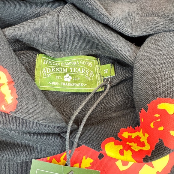 Denim Tear Black Hoodie with Red and Orange Fire Pattern - Picture 2 of 9